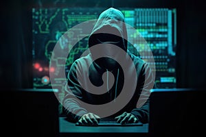 Hacker using abstract laptop with binary code digital interface, cyber war Hacking, and malware concept