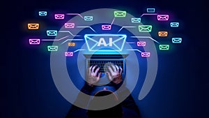 Hacker using artificial intelligence AI technology on futuristic digital interface with neon cyber network and glowing data no