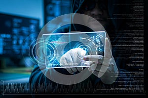 Hacker using clear tablet with HUD panel and code graph bar data