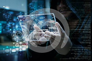 Hacker using clear tablet with HUD panel and code graph bar data