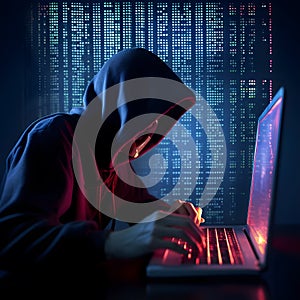 Hacker using computer in dark room. Computer security and hacking concept. Generative AI