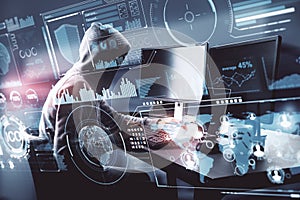 Hacker using computer with digital antivirus interface