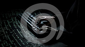 Hacker using computer keyboard with binary code on dark background.
