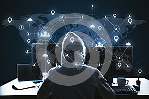 Hacker using computer with remote work hologram