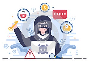 Hacker Using Computer Server to Activity Hacked Database, Network Storage, Social Account, Credit Card or Security. Illustration