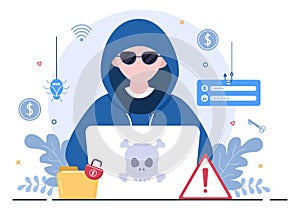 Hacker Using Computer Server to Activity Hacked Database, Network Storage, Social Account, Credit Card or Security. Illustration