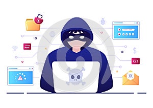Hacker Using Computer Server to Activity Hacked Database, Network Storage, Social Account, Credit Card or Security. Illustration