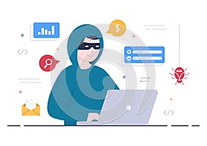 Hacker Using Computer Server to Activity Hacked Database, Network Storage, Social Account, Credit Card or Security. Illustration