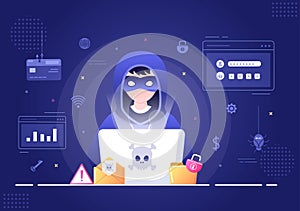 Hacker Using Computer Server to Activity Hacked Database, Network Storage, Social Account, Credit Card or Security. Illustration