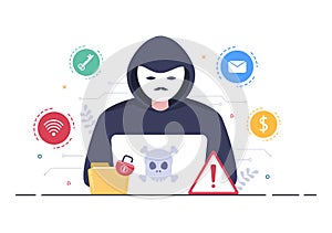 Hacker Using Computer Server to Activity Hacked Database, Network Storage, Social Account, Credit Card or Security. Illustration