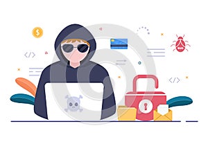 Hacker Using Computer Server to Activity Hacked Database, Network Storage, Social Account, Credit Card or Security. Illustration