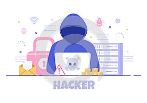Hacker Using Computer Server to Activity Hacked Database, Network Storage, Social Account, Credit Card or Security. Illustration