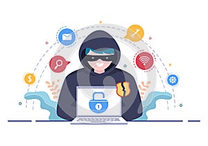 Hacker Using Computer Server to Activity Hacked Database, Network Storage, Social Account, Credit Card or Security. Illustration