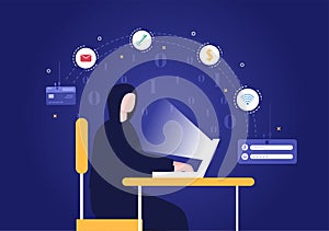 Hacker Using Computer Server to Activity Hacked Database, Network Storage, Social Account, Credit Card or Security. Illustration
