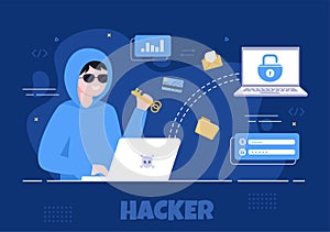 Hacker Using Computer Server to Activity Hacked Database, Network Storage, Social Account, Credit Card or Security. Illustration