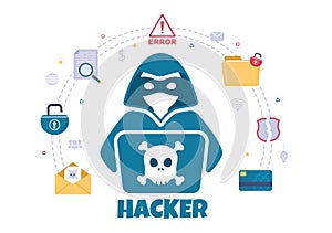 Hacker Using Computer Server to Activity Hacked Database, Network Storage, Social Account, Credit Card or Security. Illustration