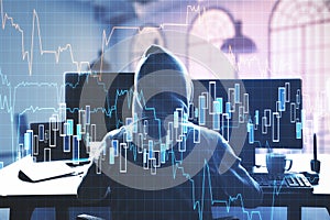 Hacker using computers with business chart and financial analytics hologram