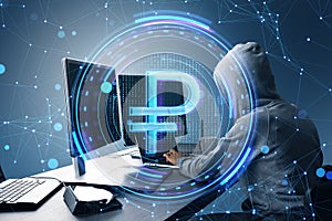 Hacker using computers at desk with creative round ruble sign on blurry blue polygonal background. Crypto, hacking, online banking