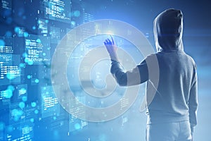 Hacker using creative binary coding hologram on blurry background. Software programming code and hacking.