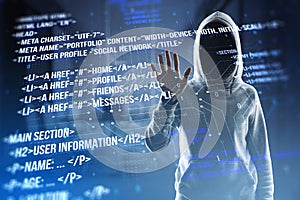 Hacker using creative digital programming language on blurry background. Software developer, hacking, malware and html concept.