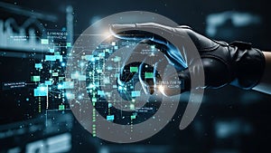 Hacker using digital interface with data manipulation