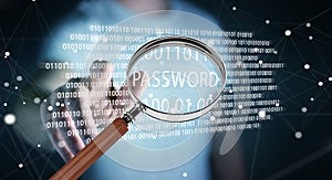 Hacker using digital magnifying glass to find password 3D render