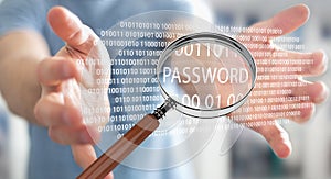 Hacker using digital magnifying glass to find password 3D render