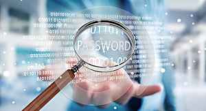 Hacker using digital magnifying glass to find password 3D render