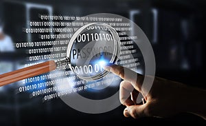 Hacker using digital magnifying glass to find password 3D render