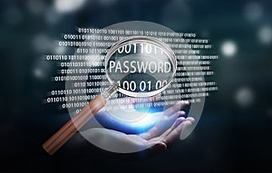 Hacker using digital magnifying glass to find password 3D render