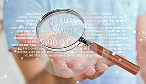 Hacker using digital magnifying glass to find password 3D render