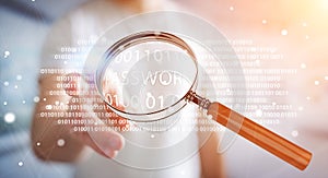 Hacker using digital magnifying glass to find password 3D render
