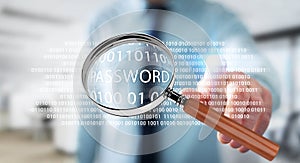 Hacker using digital magnifying glass to find password 3D render