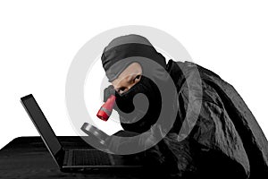 Hacker using flash light and magnifying glass.