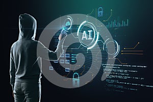 Hacker using glowing blurry ai hologram with binary coding on blurry background. Artificial intelligence, malware, technology and