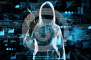 Hacker using glowing hacking hologram on blurry background. Crypto, security and criminal concept. Double exposure