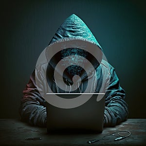 Hacker using internet to hack abstract computer server. Hooded attacker in laptop steals personal data. Blue glow light.
