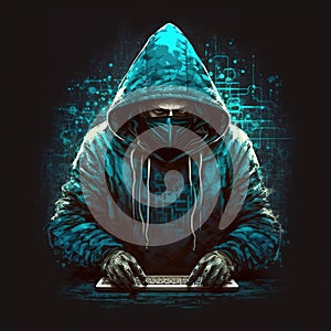 Hacker using internet to hack abstract computer server. Hooded attacker in laptop steals personal data. Blue glow light.