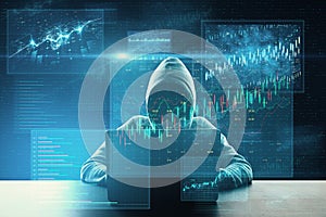 Hacker using laptop with abstract big data