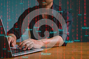 Hacker using a laptop with binary code digital interface. Dangerous hack breaks into data servers and infects their system with a