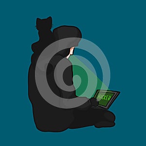 Hacker using laptop with black cat friend cartoon illustration