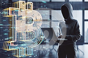 Hacker using laptop with creative glowing bitcoin hologram on blurry office interior background. Cryptocurrency, hacking, data and