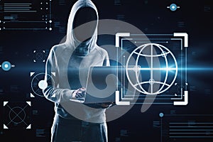 Hacker using laptop with creative hacking interface on background. Code window high tech UI and spyware concept