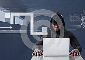 Hacker using a laptop in a dark room