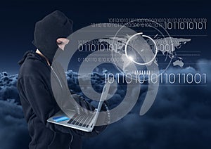 Hacker using a laptop in front of cloudy background