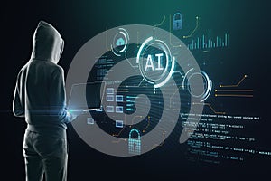 Hacker using laptop with glowing blurry ai hologram with binary coding on blurry background. Artificial intelligence, malware,