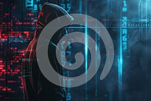 Hacker using laptop with glowing blurry AI hologram, binary coding on blurry background. malware, technology, and