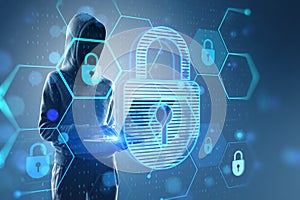 Hacker using laptop with glowing hexagonal padlock hologram with binary coding on blurry background. Safety, hacking, malware and