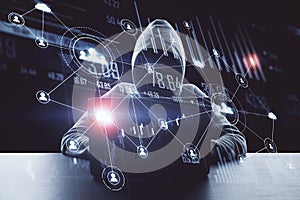 Hacker using laptop with glowing human resource interface