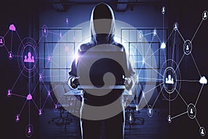 Hacker using laptop with glowing human resource interface